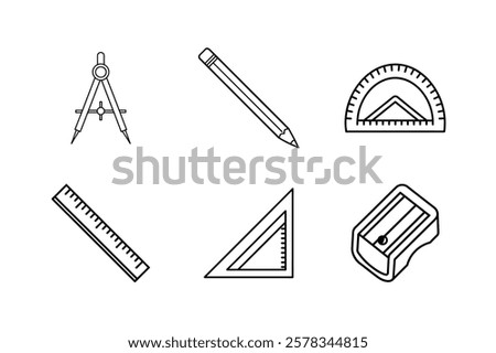 6-bundle template of compass divider,pencil,protractor,ruler,set square,sharpner