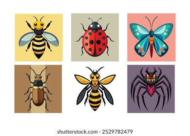6-bundle vector of hornet, ladybug, butterfly, bark beetle, bee, spider insects