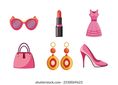 6-Bundle-Vektorgrafik Damen Sonnenbrille, Lippenstift, , Kleid, Tasche, Ohrringe, High-Heeled Schuh 