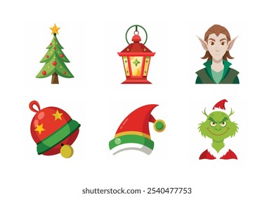 Vector de 6 Paquetes de Jingle Bell, Sombrero de elfo de Navidad, El Grinch, Árbol Topper, Elve, Navidades Navidades de linterna Elementos