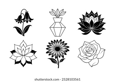 6-bundle vector silhouette flowers, Lotus,Bluebell ,Geometric plant ,rose,daisy