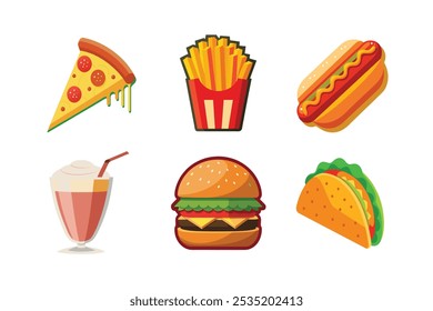 6-bundle vetor de taco, cachorro-quente, pizza, hambúrguer, milkshake, fritas fast foods