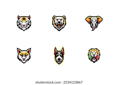  6-bundle-vector of wildlife animal, tiger, bear, elephant, cat, dog, angry lion