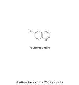 6-Cloroquinolina estrutura esquelética. Ilustração esquemática do composto de quinolina halogenado. Diagrama simples, fórmula química.
