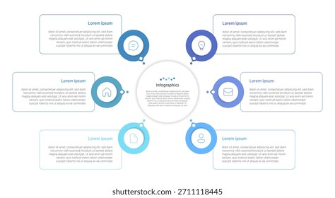 Una infografía de 6 círculos es un diagrama visual que presenta seis Elementos circulares interconectados, a menudo dispuestos en un anillo o círculo, utilizados para representar procesos, pasos, hitos.