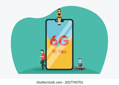 6G Connection vector concept: Group of young people using their device with 6G connection