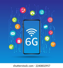 Conexión inalámbrica a internet rápida de 6g con smartphone. el concepto de internet de las cosas. sistema de comunicación de 6g de red de alta velocidad. diseño fantástico de ilustración vectorial. 
