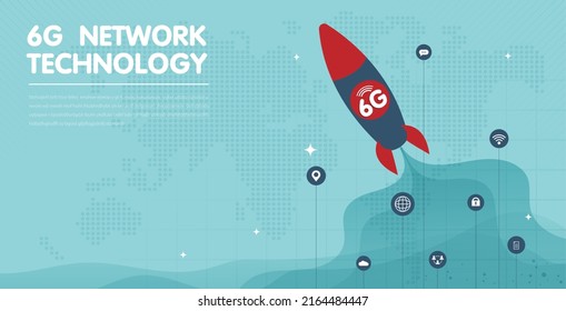 6G rápido como un cohete con iconos tecnología transmisión inalámbrica de datos. conexión global y concepto de red de internet. diseño vectorial.