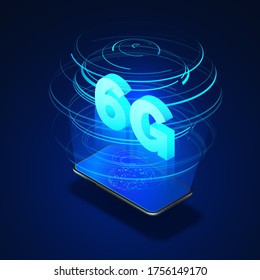 6g Fast Mobile Network. Mobile Phone With Global Network On Screen And Hologram Of Wireless Networks With Isometric Text 6G Inside. Vector Illustration