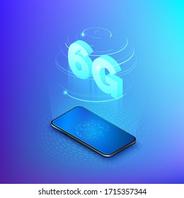6g fast mobile networks. Mobile phone with global network on screen and hologram of wireless networks with isometric text 6G inside. Technology background. Vector illustration