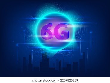 6G High Speed Internet Wave Signal Symbol Noen Glow Light Rays and Smart City, Skyline Technology Background, Telecoms, Network, Hi-tech Concept Futuristic Backdrop