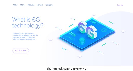 6g network technology in isometric vector illustration. Wireless mobile telecommunication service concept. Marketing website landing template. Smartphone internet speed connection background.