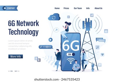 6G Network technology, landing page template. Users catch 6G internet connection. Communication tower. Young adults with smartphones using wireless internet. Fast online mobile connection. Flat vector