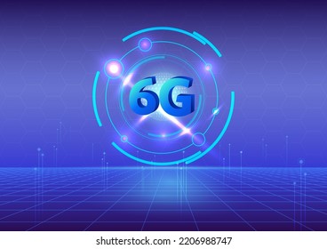 6G the Sixth Generation of WirelessTechnology, High Speed Internet, Telecoms, Cloud-based Networking Concept Backdrop, Blue and Purple Tech Circle 3D Grid Floor, Futuristic Infographic Background