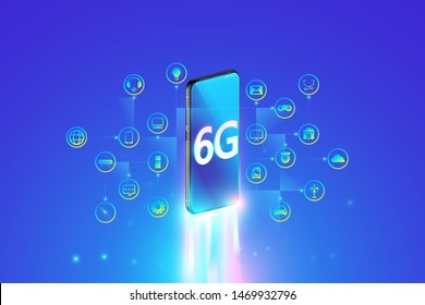 6G system fastest internet connection with smartphone and internet of things concept, 6th generation of internet , speed of 6G network internet wireless, IOT on smartphone.