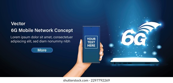 Concepto de tecnología 6G. Mano sosteniendo un smartphone con el concepto de conexión de red 6G. Internet móvil de telefonía inteligente de alta velocidad, redes de nueva generación. Vector.
