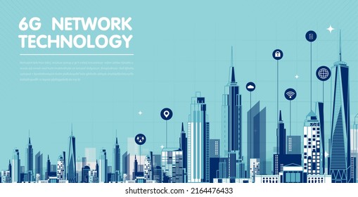 Concepto de tecnología 6G. tecnología de red en el trasfondo del concepto de vida de la ciudad. conexión global y concepto de red de internet, redes de nueva generación. diseño vectorial.