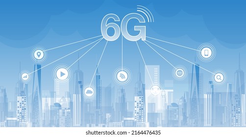 6G-Technologiekonzept. Netztechnologie im Hintergrund des Stadtlebenskonzepts. globale Anbindung und Internetnetzkonzept, Netze der neuen Generation. Vektordesign.