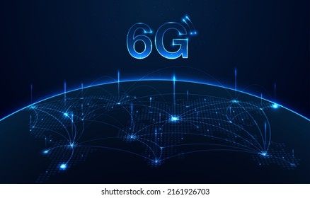 6G-Technologiekonzept. Netzwerktechnologie auf dem Hintergrund des Weltlebenskonzepts. globale Anbindung und Internetnetzkonzept, Netze der neuen Generation. Vektordesign.