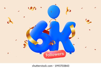 6K followers thank you 3d blue balloons and colorful confetti. Vector illustration 3d numbers for social media 6000 followers, Thanks followers, blogger celebrates subscribers, likes