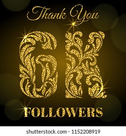 6K Followers. Thank you banner. Decorative Font with swirls and floral elements. Golden letters with sparks on a dark background.
