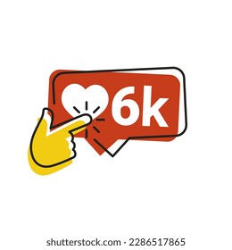 6k icon likes. 6k counter notification icon. Follower. Button, ui, web. 6000 social media likes. Hand click finger icon vector
