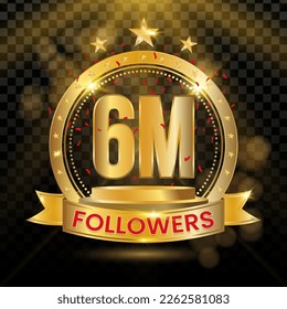 6M Followers Logotype with Gold and red Confetti Isolated on Black Background (PNG), Vector Design for Greeting Card and Social Media.