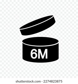 6m PAO icon. Period after opening sign. Jar with open lid and 6 months number. Product freshness time. Cosmetic, shampoo, makeup validity label isolated on transparent background. Vector illustration 
