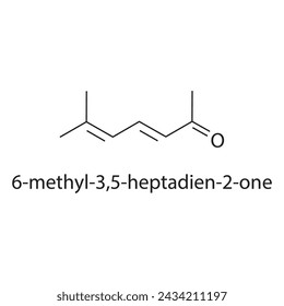 6-methyl-3,5-heptadien-2-one skeletal structure diagram.volatile compound molecule scientific illustration on white background.