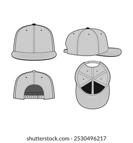 6-painel Snapback Cap encaixado Cap Vetor Desenho técnico - Modelo em branco da maquete do chapéu de Streetwear para o projeto, Pacotes de tecnologia CAD, Ilustração da tampa do beisebol da borda