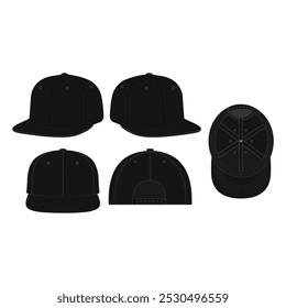 6-Panel-Snapback-Cap-Mock-up: Black Hat Template Vektor mit jedem Winkel Ansicht für Streetwear Design