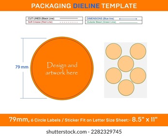 6pcs 79 mm CIRCLE labels sticker dieline template