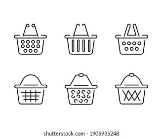 6-piece shopping basket.
Set of shopping cart icons. Same thickness and different design for online store. Collection icons from various basket icons in various shapes. Online store symbols.