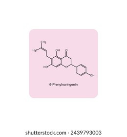 6-Prenylnaringenin skeletal structure diagram.prenylated flavonoid compound molecule scientific illustration on pink background.
