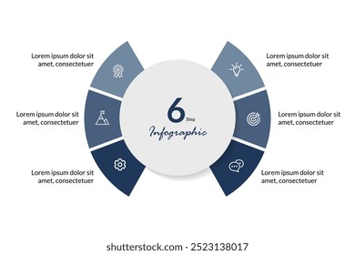 6-Step Circular Vector Infographic: A Professional Template for Business Presentations, Process Diagrams, and Workflow Layouts. Data Visualization, and Marketing Strategy in a Modern Design.