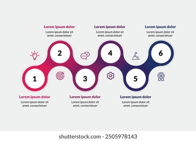 Plantilla de ilustración infográfica de 6 pasos: con iconos y una línea de tiempo. Perfecto para presentaciones, diseños, Anuncios y procesos visuales. Diseño moderno y atractivo.