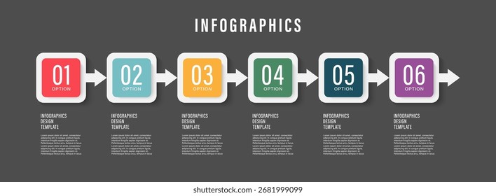 6-step infographic layout. Timeline design template with space for data.