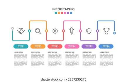 Plantillas de diseño de infografía en línea delgada de 6 pasos. Proyecto de flujo de trabajo empresarial. Ilustración vectorial.