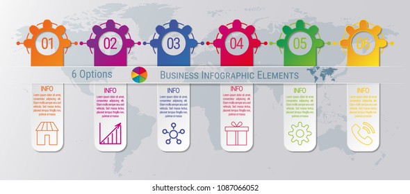 6-steps timeline infographic design vector template. Graphic elements with six options of business data