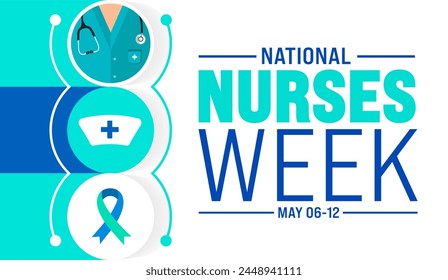 Del 6 al 12 de mayo es la semana nacional de enfermeras de Plantilla de fondo. vestido de enfermera, instrumental médico, medicina, concepto de atención médica y médica. Celebrado anualmente en Estados Unidos. Gracias enfermeras.