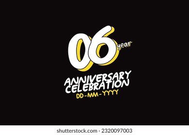 6th, 6 years, 6 year anniversary with white character with yellow shadow on black background-vector