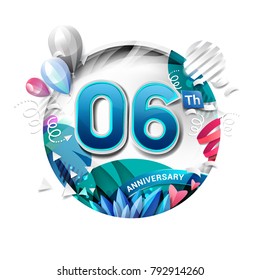 6th anniversary background with balloon and confetti on white. 3D paper style illustration. Poster or brochure template. Vector illustration.