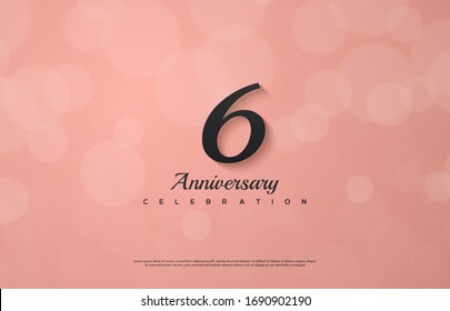 6th anniversary background with an illustration of a black colored number on a pink background.