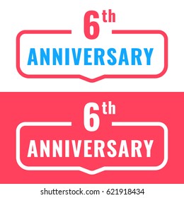 6th anniversary. Badge icon, logo. Flat vector illustration on white and red background. Can be used for birthday, wedding or company event.