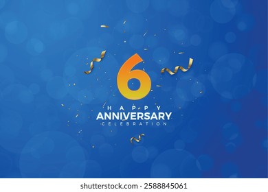 6th Anniversary celebration, 6 Anniversary celebration, Blue background, Realistic 3d sign, Orange number 6 sparkling confetti, 6,7