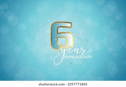 6th Anniversary celebration, 6 Anniversary celebration, Light Blue background, greeting and invitation card, festive illustration, Golden Blue Number, 6 sparkling confetti, 6,7
