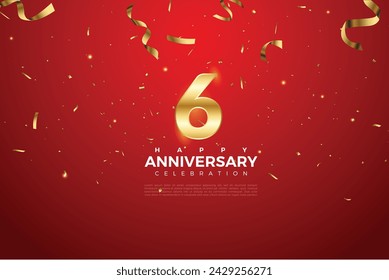 6th Anniversary celebration, 6 Anniversary celebration On Red background for celebration event, festive illustration, Golden number 6 sparkling confetti, 6,7