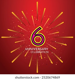 6th Anniversary Celebration, 6 Anniversary Celebration, Realistisches 3D Zeichen, Explosion Burst Schwarzer Hintergrund, festliche Illustration, Rosa, Gelb Nummer 6 glitzerndes Konfetti, 6,7
