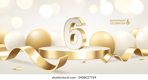 6th Anniversary celebration background. Golden 3D numbers on round podium with golden ribbons and balloons with bokeh lights in background.