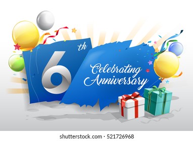 6th anniversary celebration with colorful confetti and balloon on blue background with shiny elements. design template for your birthday party.